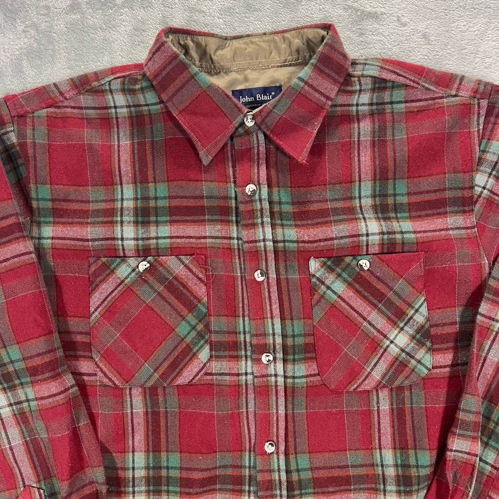 John Blair Flannel Shirt‎ Mens L Red Plaid 100 Acrylic Button Down Outdoors Fall